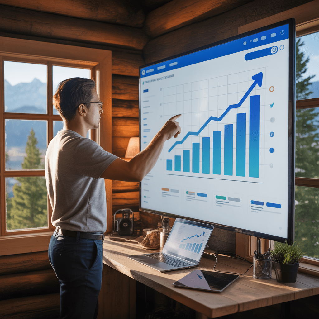 SEO consultant viewing growth chart on screen.