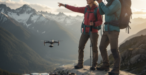 Hikers using drone to capture mountain adventure content