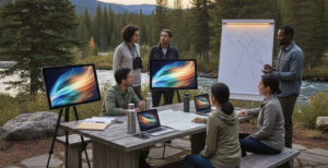 Outdoor marketing team strategy meeting by riverside with digital screens