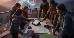 Outdoor team reviewing digital campaign strategy at campsite